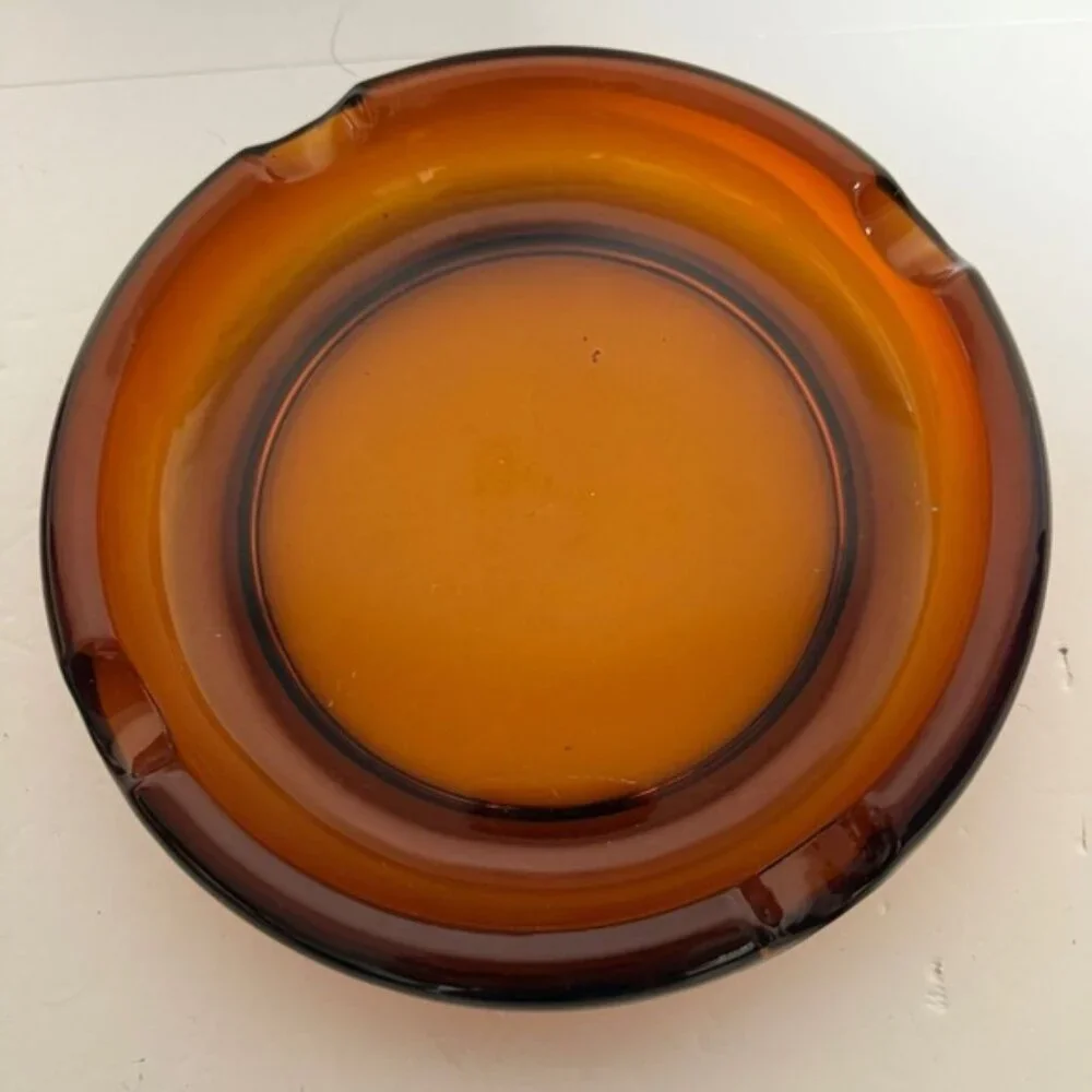 Vintage Amber Glass Ashtray – Mid-Century Modern Heavy Pressed Glass